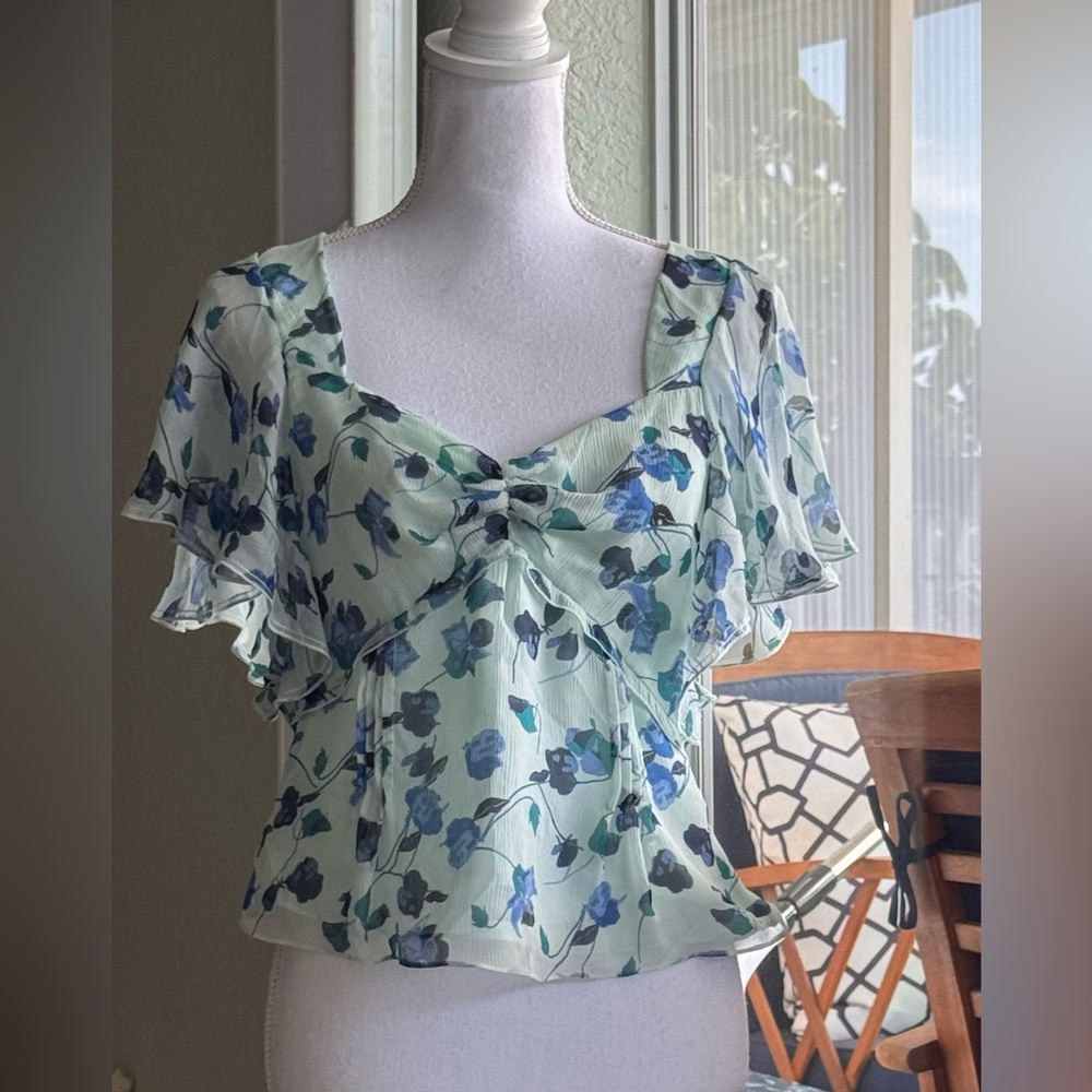 Diane Von Furstenberg Mint Green Floral Silk Blouse with Blue Floral Print